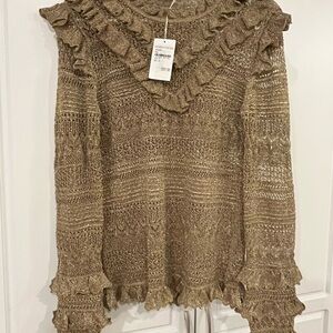 Ulla Johnson Metallic Ruffled Knit Top -Gold, M size (New With Tag)